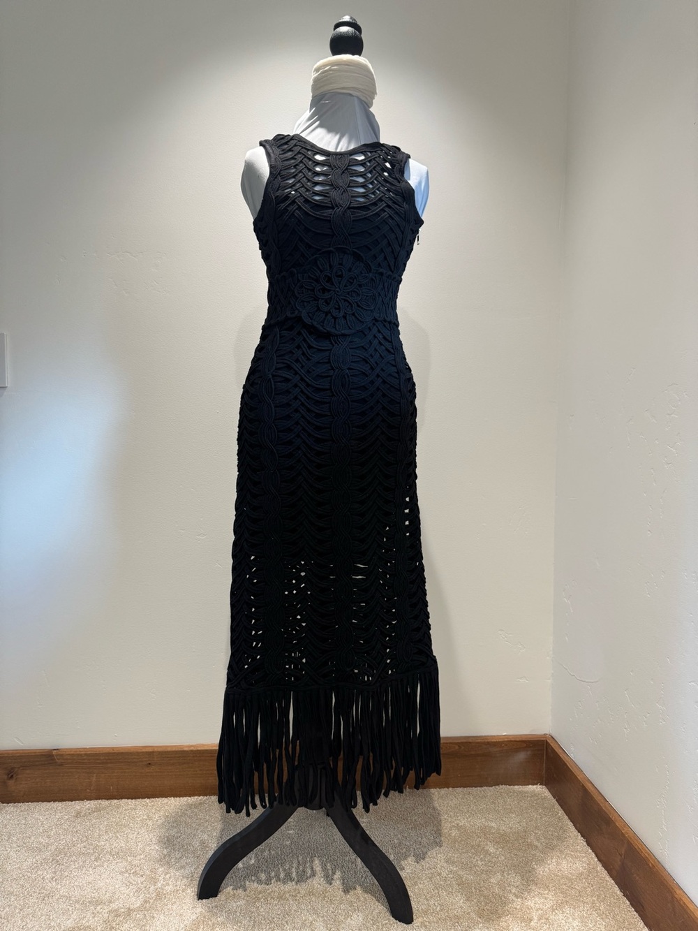 Boston Proper Black Crochet Fringe Maxi Dress